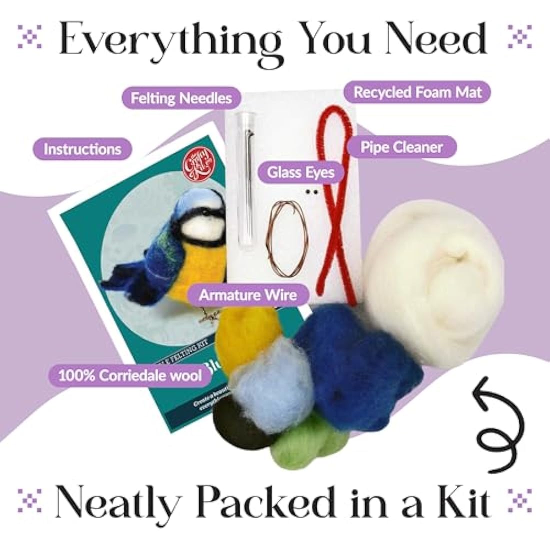The Crafty Kit Company Needle Felting Craft Kit - British Birds Blue Tit | 100% Corriedale Wool DIY Felt Craft Kit – Handmade Gift for Adults, Teens & Beginners | Age 10+