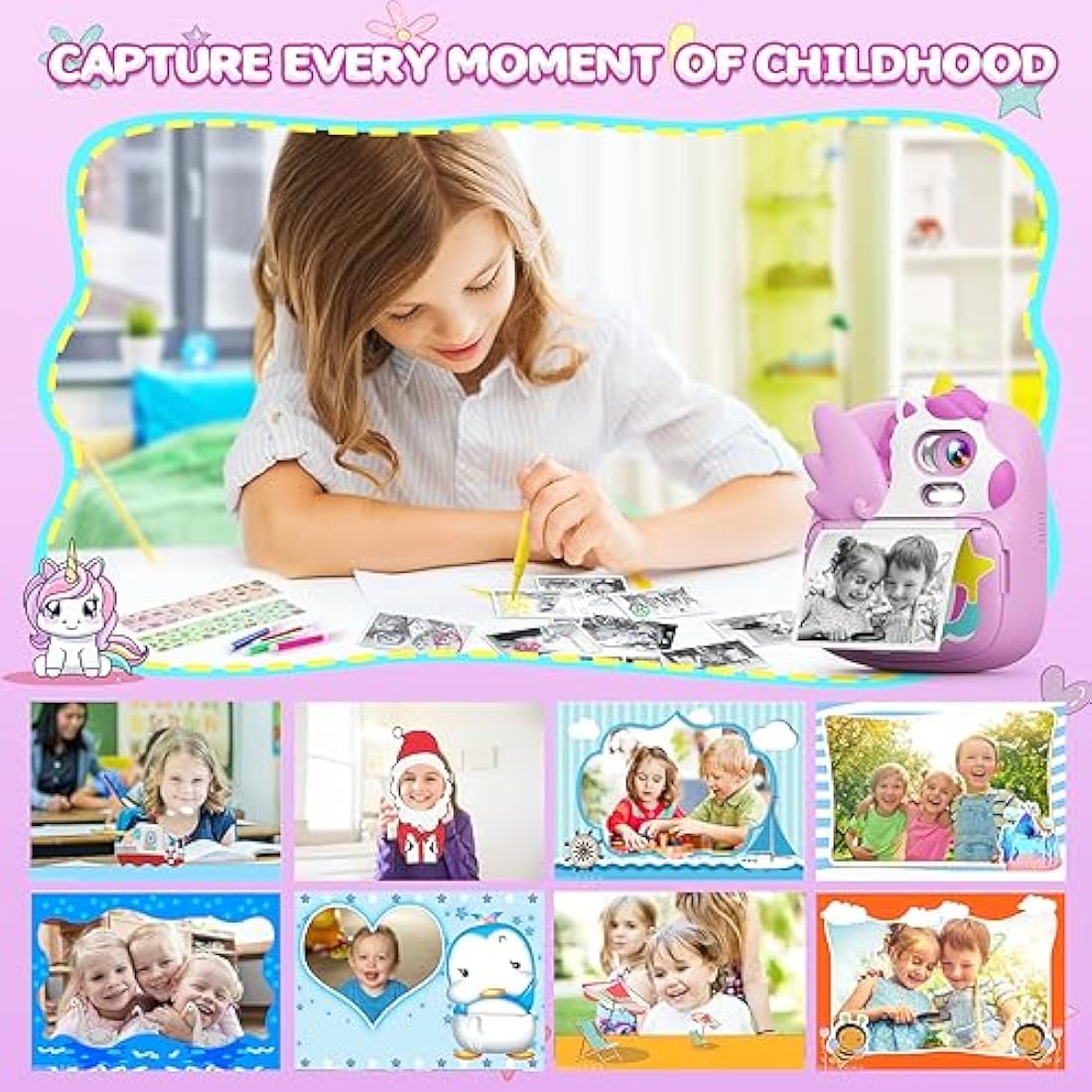 CAMCLID Kids Camera Instant Print, 2.4’‘ Instant Camera for Kids with 32G Card & Print Photo Paper, 1080P HD Video, Christmas Birthday Gifts for Boys Girls Age 3-12 (Purple)