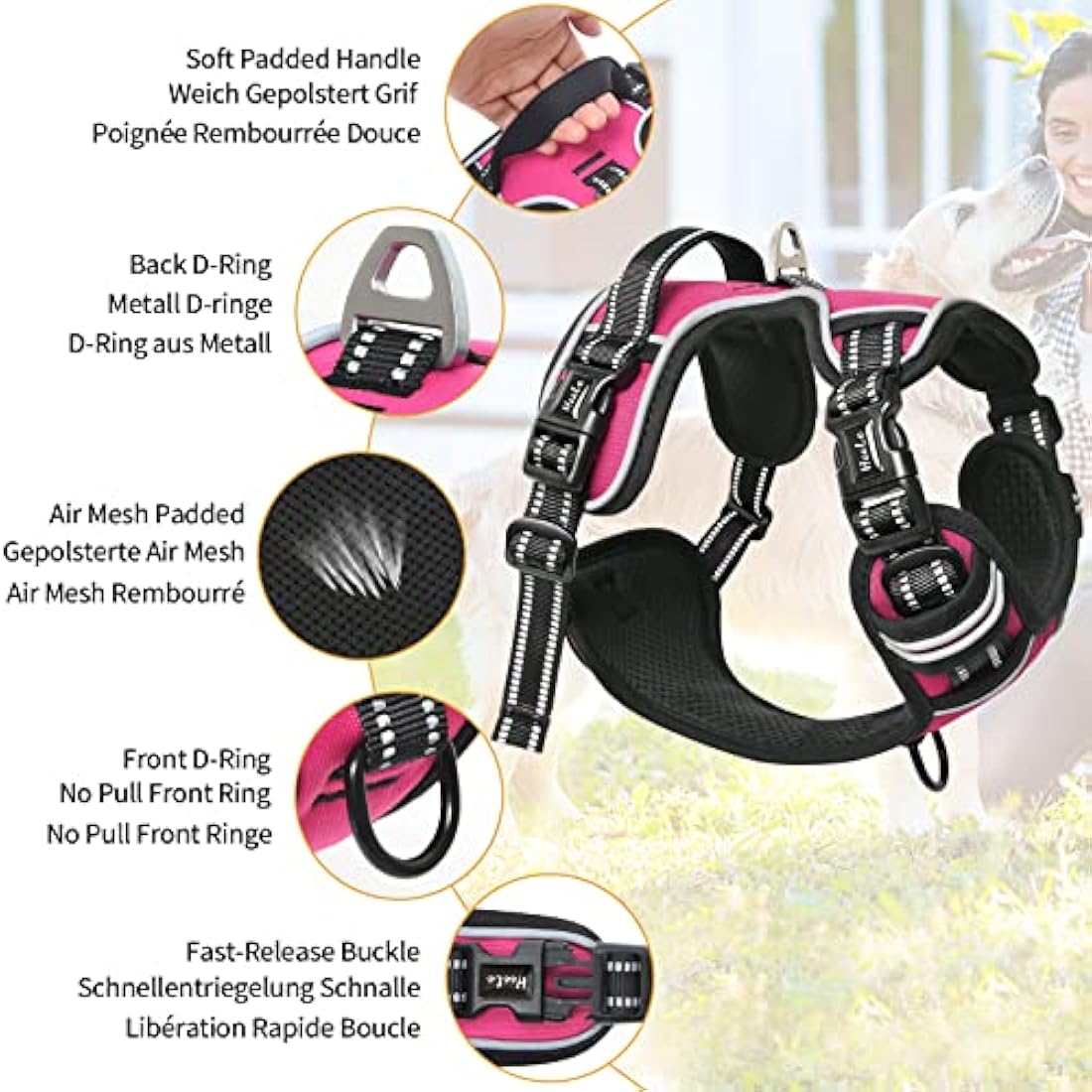 HEELE No Pull Dog Harness, Release on Neck, Reflective Adjustable with Front Back 2 Leash Attachments and Soft Padded Control Handle for Small Medium Large Dogs, Fuchsia, M