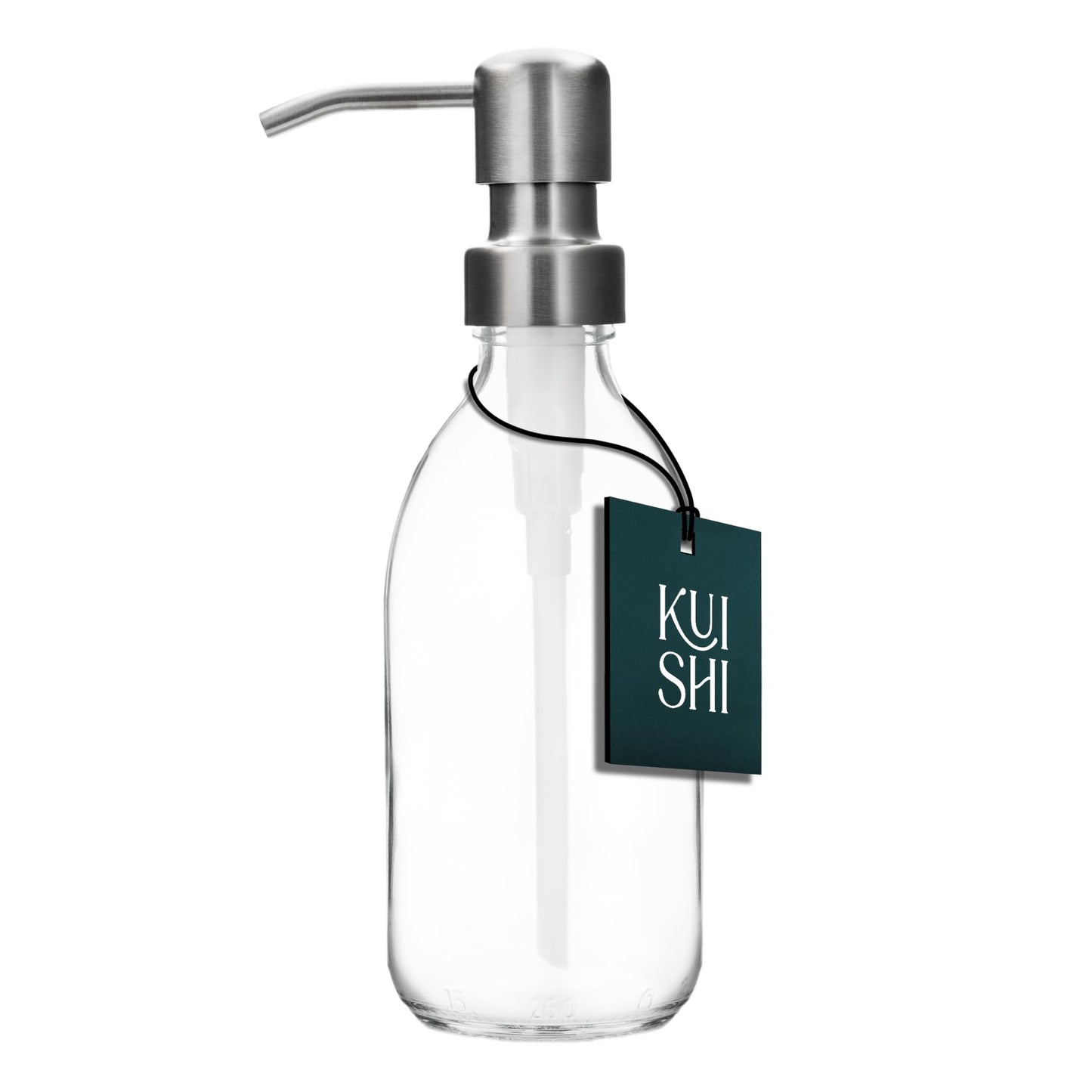 Kuishi Clear Glass Soap Dispenser [250ml, Silver Pump] Refillable Amber Glass Bottle with Stainless Steel Pump, Eco-Friendly (BPA-Free)