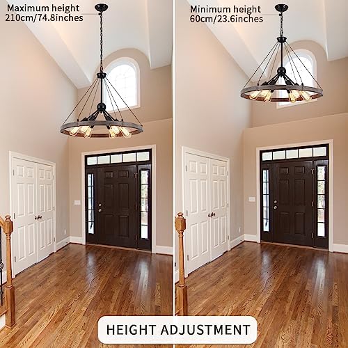 MRHYSWD Wagon Wheel Chandeliers Ceiling Light for Living Room, 6 Lights Rustic Industrial Outdoor Chandelier Black Pendant Light Fitting for Dining Room Kitchen Hallway Bedroom, Height Adjustment