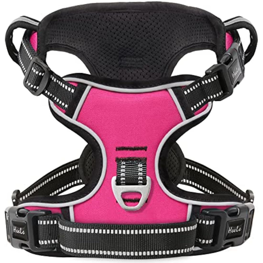 HEELE No Pull Dog Harness, Release on Neck, Reflective Adjustable with Front Back 2 Leash Attachments and Soft Padded Control Handle for Small Medium Large Dogs, Fuchsia, M