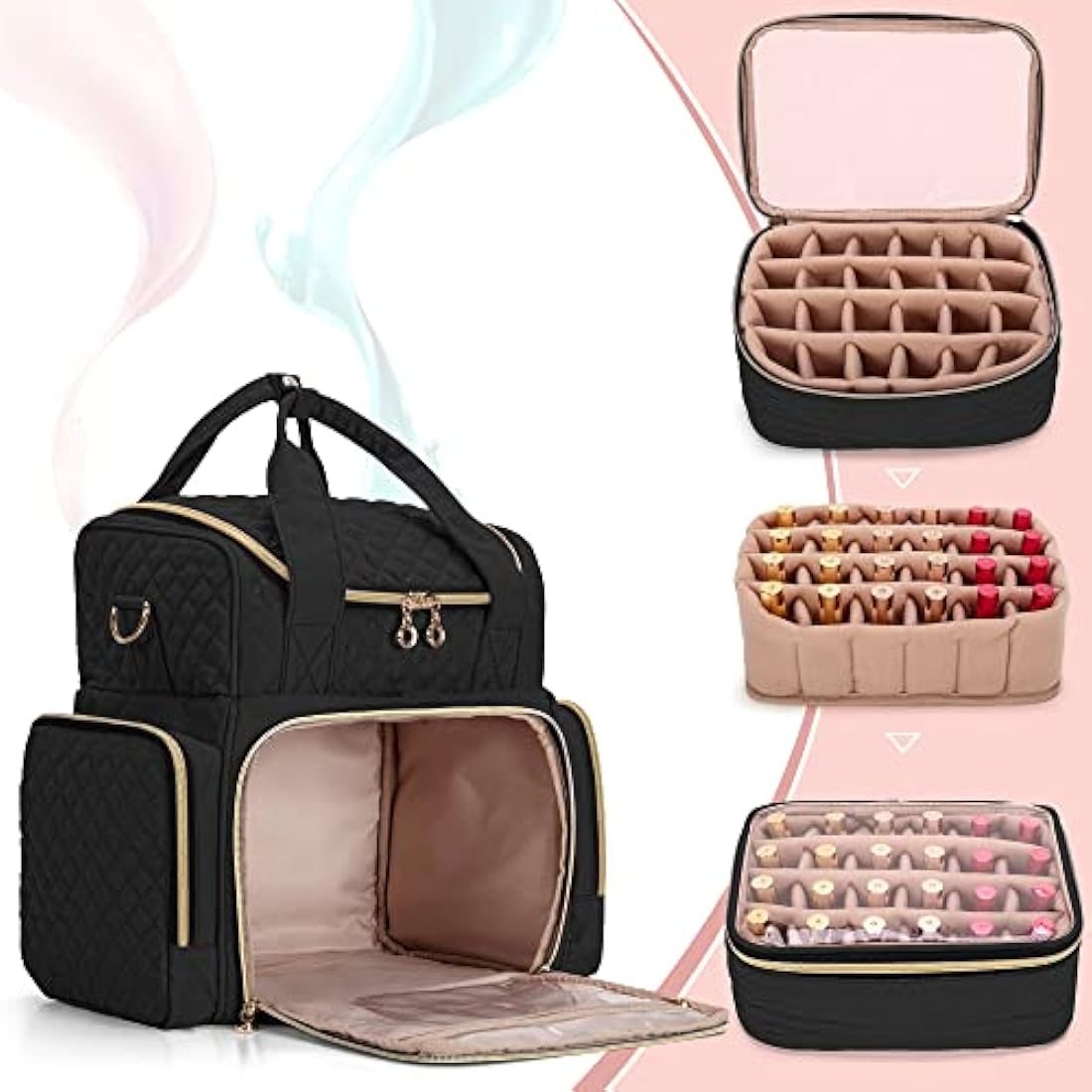 Luxja Nail Polish Organiser Hold 48 Bottles and a Nail Lamp, Nail Polish Case with 2 Removable Bags and Tools Storage Pockets (Patented Design), Black