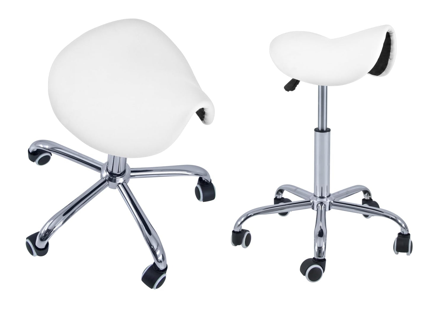 QUIRUMED Pony Stool 5 Wheels, Chrome Base, White, Upholstered in Leatherette, Height Adjustable, Lightweight, Ergonomic Design, Rotatable
