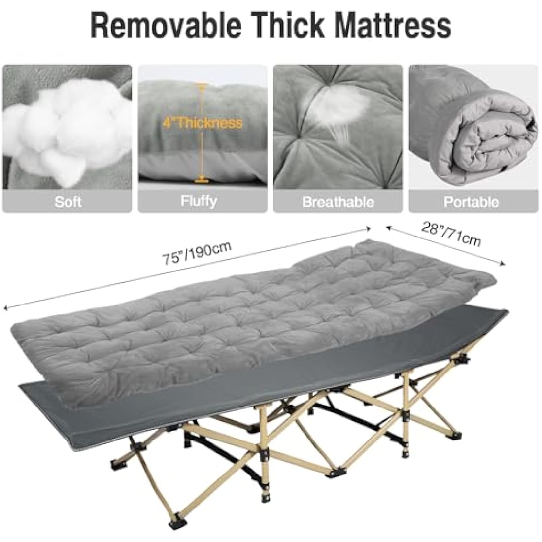 REDCAMP Folding Camping Beds for adults, Heavy Duty Sturdy Camp Bed with Thick and Soft Mattress, Stronge Thicker Tubes Sleeping Bed Outdoor Travel Office, Grey with Thicker Pad