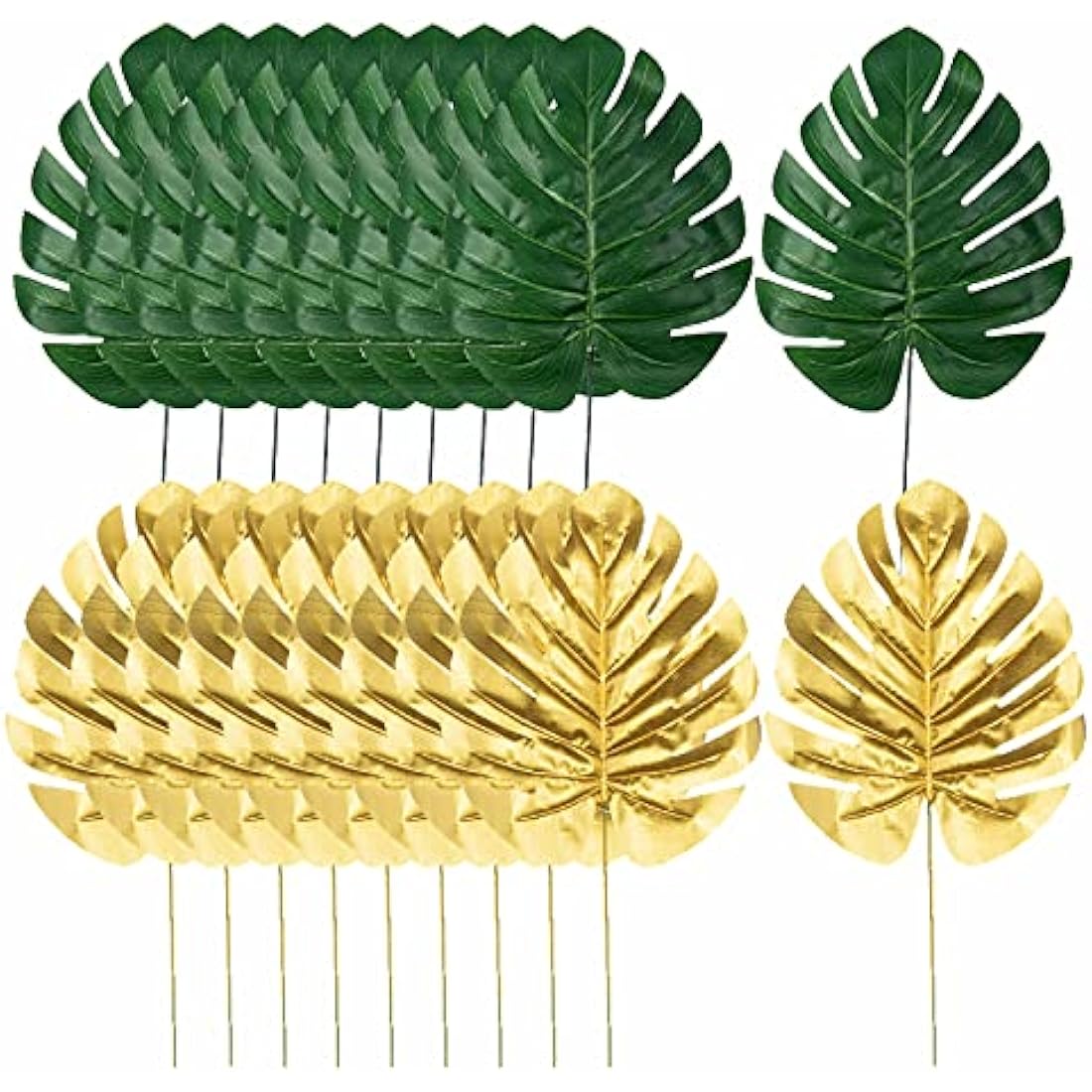 Artificial Palm Leaves, 20 Pcs Faux Monstera Leaves Golden Fake Jungle Leaf Tropical Leave with Stems for Hawaiian Jungle Theme Tropical Party Table Decorations