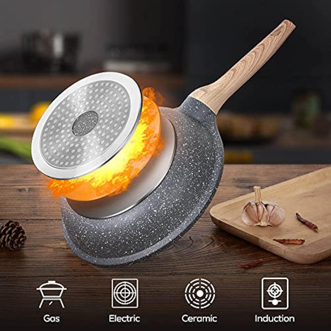ZUOFENG Nonstick Frying Pan Skillet 24cm, Stone Pans Cookware Granite Coating, Induction Pans Saucepans Omelette Skillet