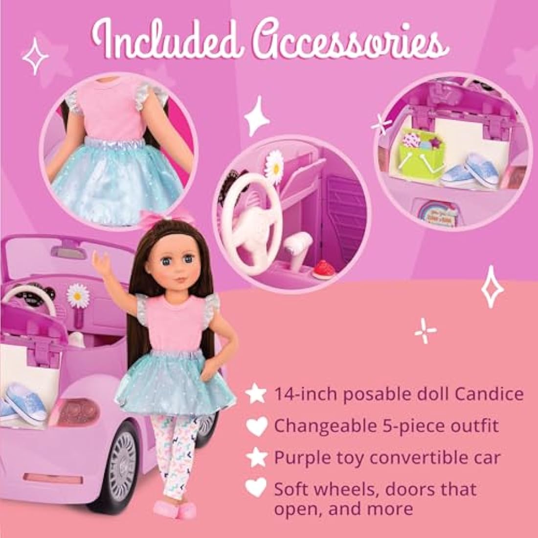 Glitter Girls – 14-Inch Poseable Doll & Purple Convertible Car – Rolling Wheels, Opening Doors, Trunk & Interior Storage – Toys, Clothes, and Accessories for 3+ Years - Candice & Car