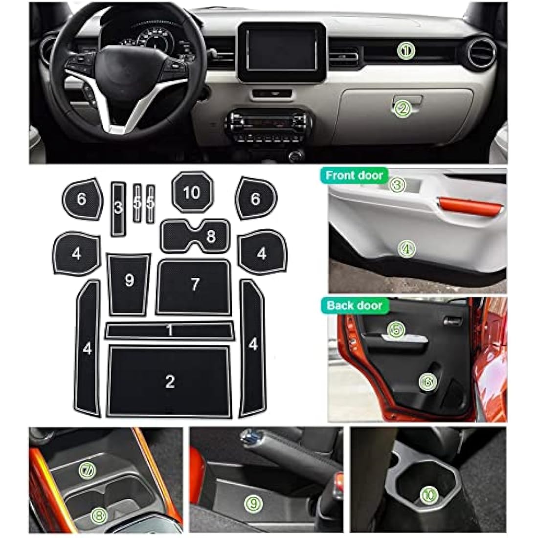 GAFAT Suzuki Ignis 2017-2024 2025 Non-Slip Mats, Rubber Mats for Car Centre Console Armrest, Drink Holder, Door Slots, Suzuki Ignis Accessories (White)