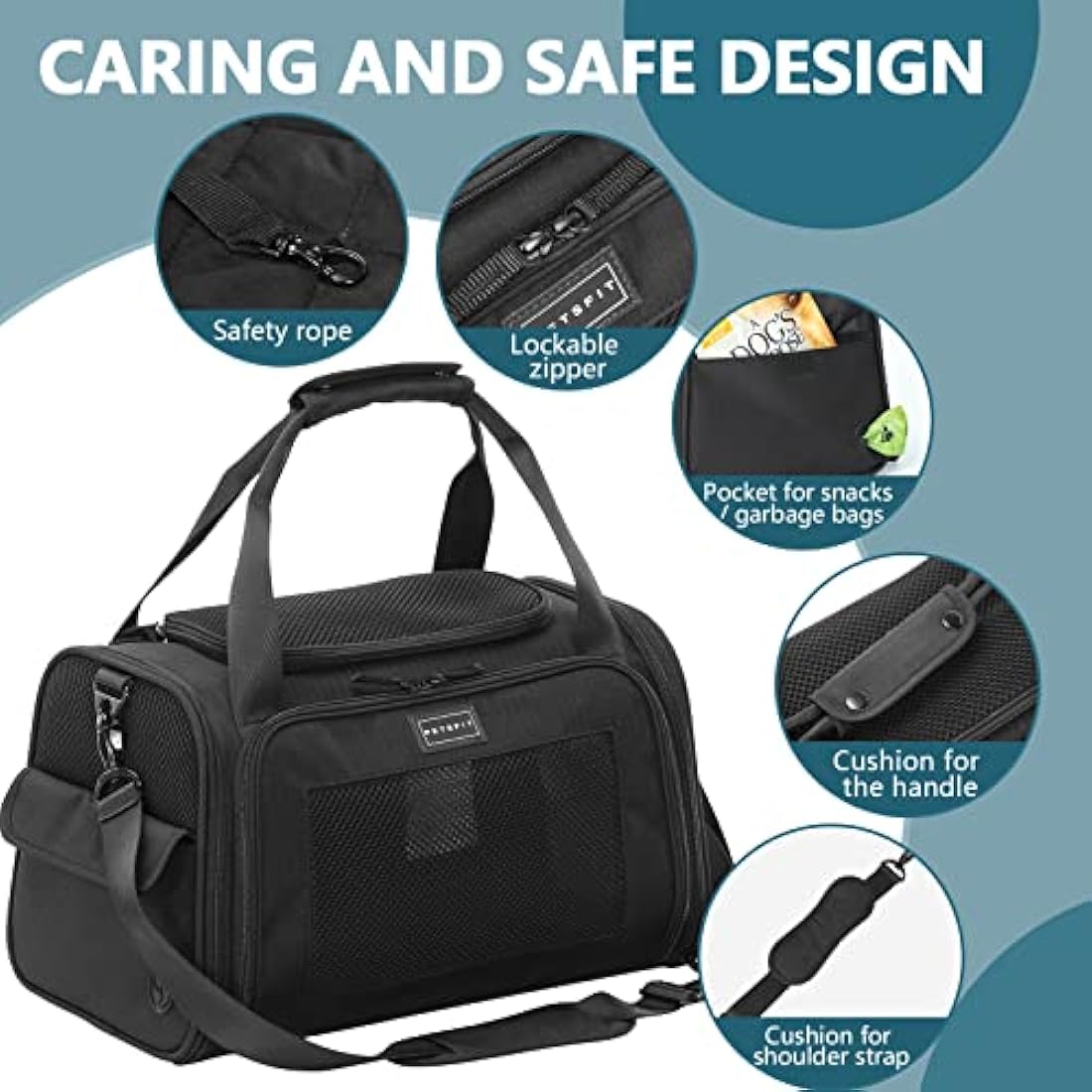 Petsfit Pet Carrier Airline Approve Cat Carrier Soft Sided,Expandable mat and Ventilation Mesh Lightweight Pet Carrier Bag for Cat and Small Dogs, Black