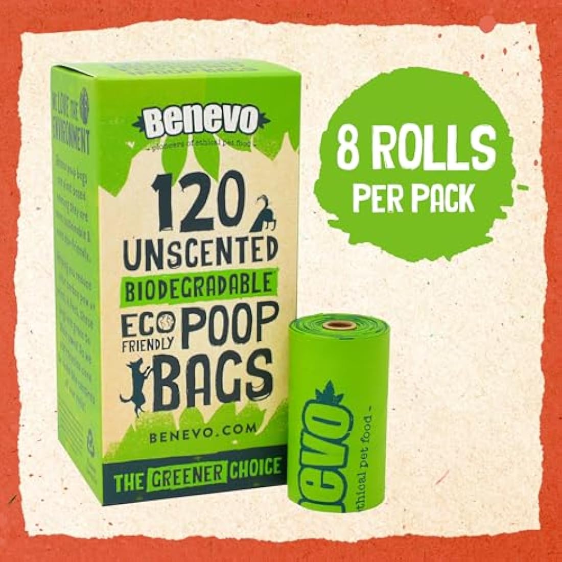 Benevo Biodegradable poop bags (720pk). Compostable doggy poo bags. Plastic free disposable waste eco bags. EN13432 certified cornstarch green doggie bags. (6 Pack (720 bags))