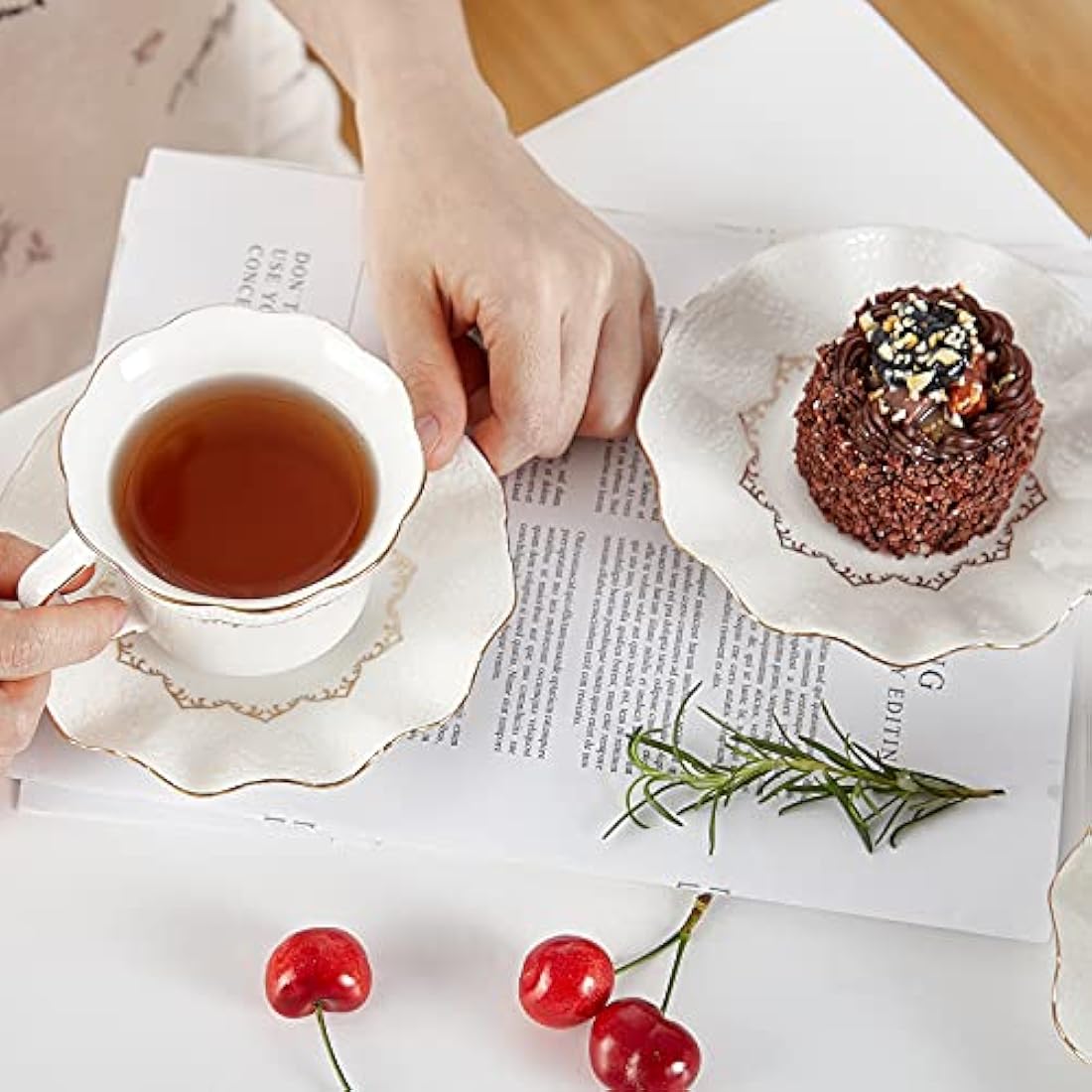 DUJUST Tea Cups and Saucers Set of 6 (200ml /7 OZ), Luxury Tea Cup Set with Golden Trim, Relief Printing Coffee Cups with Metal Stand, British Royal Porcelain Tea Party Set - White