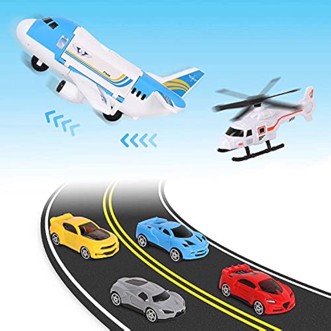Shayson Transport Cargo Airplane Car Toy Play Set for Boys and Girls Ages 3 and Up - Includes 4 Cars, 1 Helicopter, Kids DIY Preschool Toy Gift