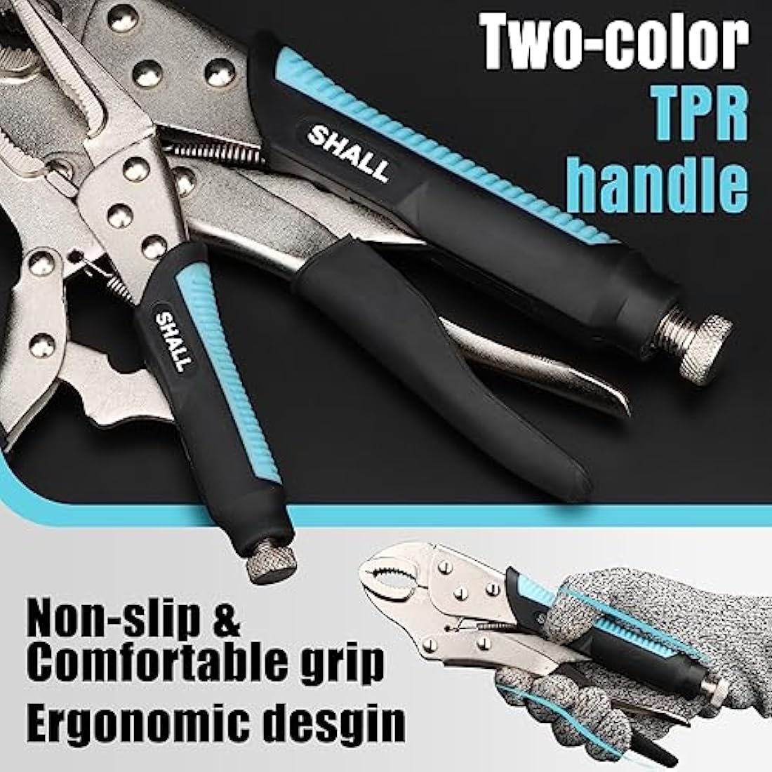 Shall 6-Piece Locking Pliers Set - 5", 7" & 10" Curved Jaw, 6-1/2" & 9-1/2" Long Nose, 6" C-Clamp - Two-Color TPR Handle, Roll Up Pouch Included