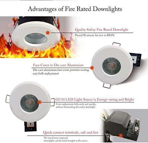 4XSweier White LED Fire Rated Downlights, Waterproof IP65 Spotlight, 5W 6000K Cool White LED Recessed Ceiling Lights, 90 Minute Fire Rated 230V Die-Cast Aluminium Spotlight, Cut-Out 75mm