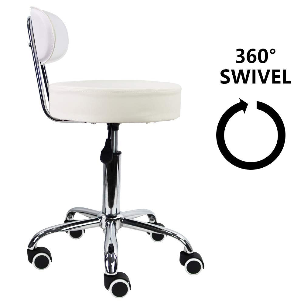 KKTONER PU Leather Rolling Stool with Mid Back Height Adjustable Office Computer Home Drafting Swivel Task Chair with Wheels (White)