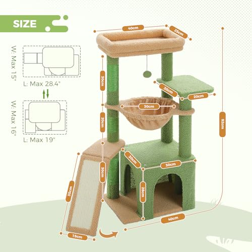 PAWZ Road Cactus Cat Tree for Indoor Cats with Large Condo, 1 Sisal Board, 3 Scratching Posts, Cat Scratching Tower with Large Hammock&Perch 90cm