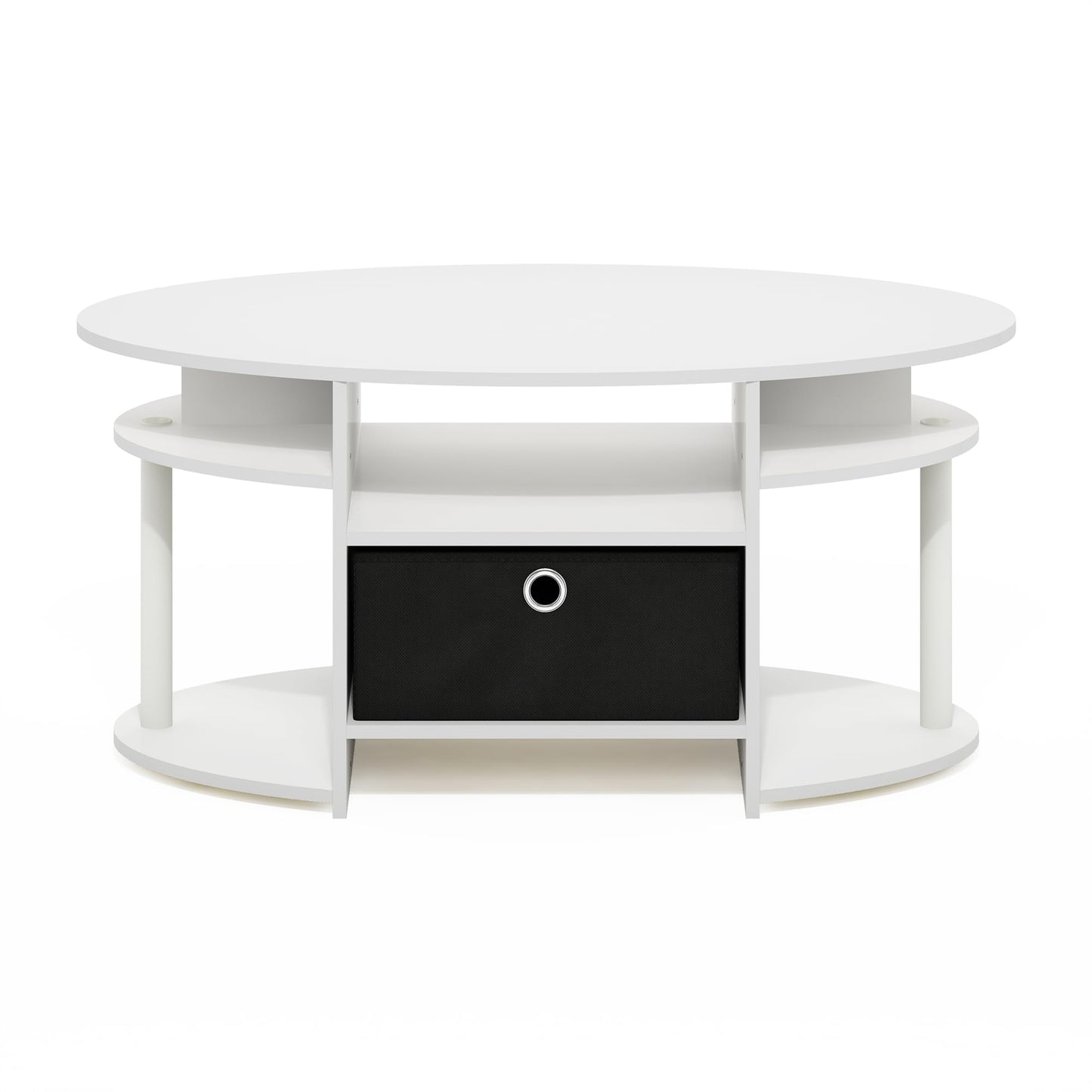 Furinno JAYA Coffee Table, Oval Modern Coffee Table with Shelves and Storage Bin, Side Table, for Living Room, Bedroom, Home Office, White