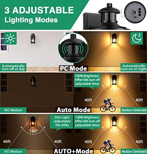 Lamomo Outdoor Wall Lights, Security Motion Sensor Lights Outdoor with Bulb, Waterproof Aluminum Dusk Till Dawn Outside Lights, 3 Lighting Modes Wall Lantern Sconce with Sensor for Garden Doorway