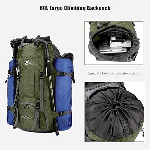 Bseash 60L Waterproof Hiking Camping Backpack with Rain Cover, Lightweight Outdoor Sport Travel Daypack Rucksack for Climbing Skiing