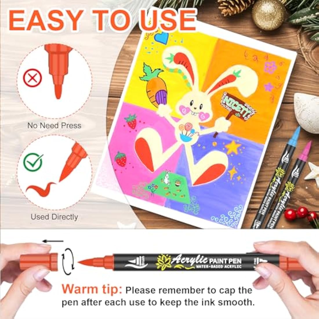 NICETY Acrylic Paint Pens Paint Markers - 60 Colours Dual tip Brush Paint Markers for Rock Painting Stone Wood Glass Ceramic - Fine & Brush Tip Water Based Acrylic Markers pens