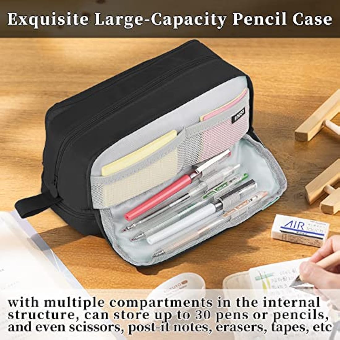 Tesmien Pencil Case, Large Pencil Case with 4 Compartments Stationery Organizer for Boys and Girls, Aesthetic Pencil Bag Suitable for Kids Teenagers Students Women Men, Black