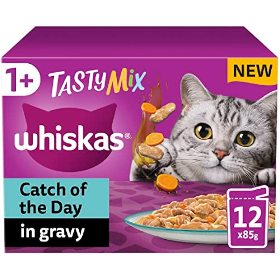 Whiskas Tasty Mix 1+ Catch of the Day in Gravy Adult Cat Food 12 Pouches 85g, Pack of 4