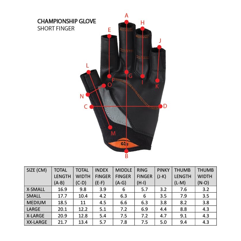 Gill Championship Sailing Gloves - Short Finger with  Length Fingers - Dura-Grip Fabric, 50+ UV Sun Protection & Water Repellent