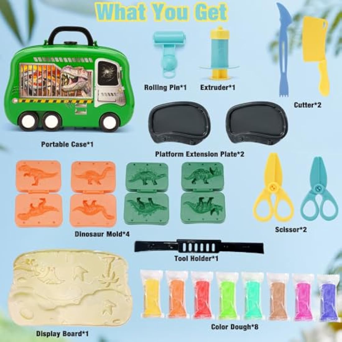 Crelloci Dinosaur Color Dough Set Tools Dino World 26 PCS Playsets Toy Clay Accessaries Dough and Moulds in a Portable Case with Wheels for Kids Toddlers 3 4 5 Years Old