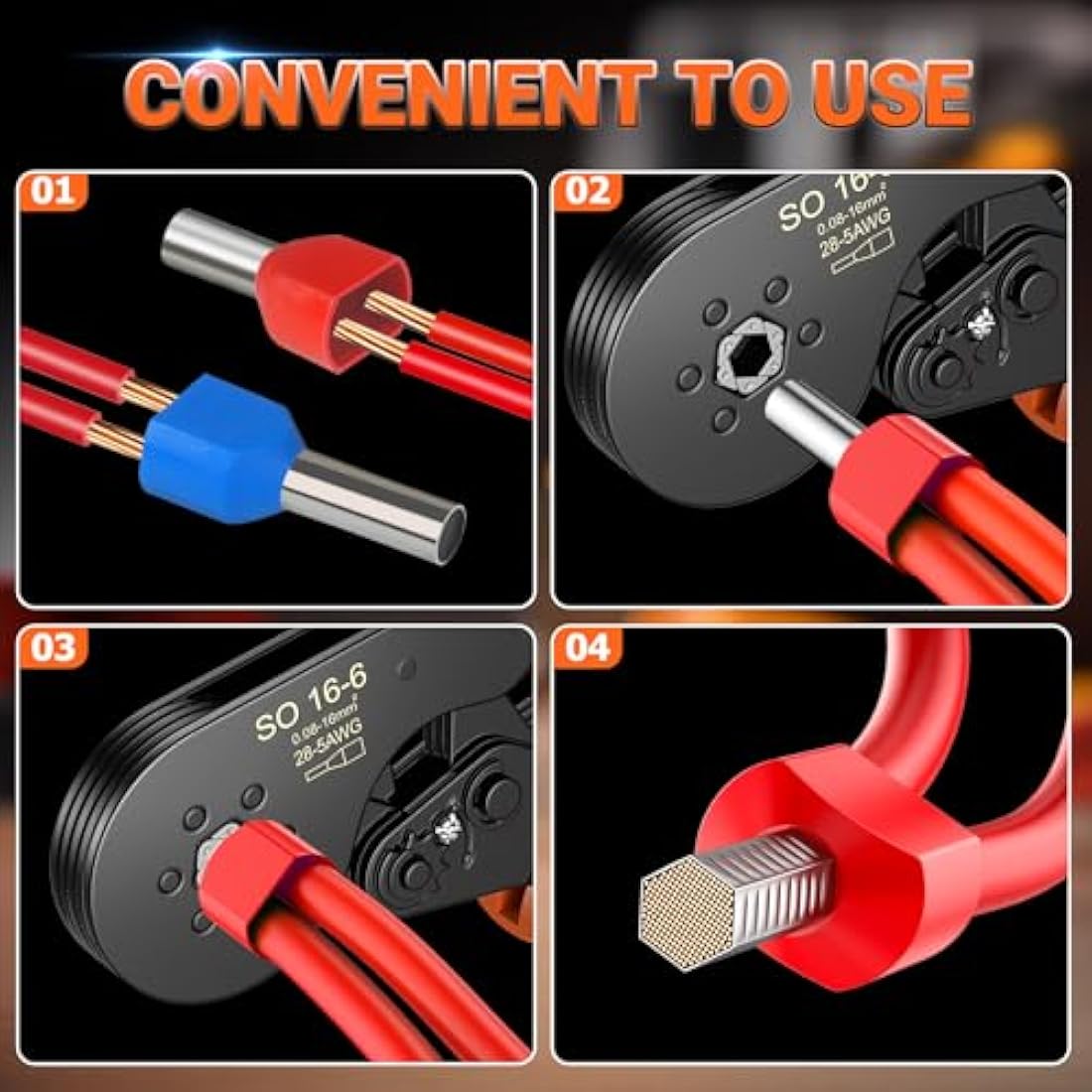 Preciva 0.08-16mm²/AWG 28-5 Crimping Tools, Wire Crimping Tool, Self-Adjsutable Ratchet Crimping Pliers, 16mm Bootlace Ferrule Crimping Tool, Gray&Orange (6 Side with Ferrules(0.08-16mm²))
