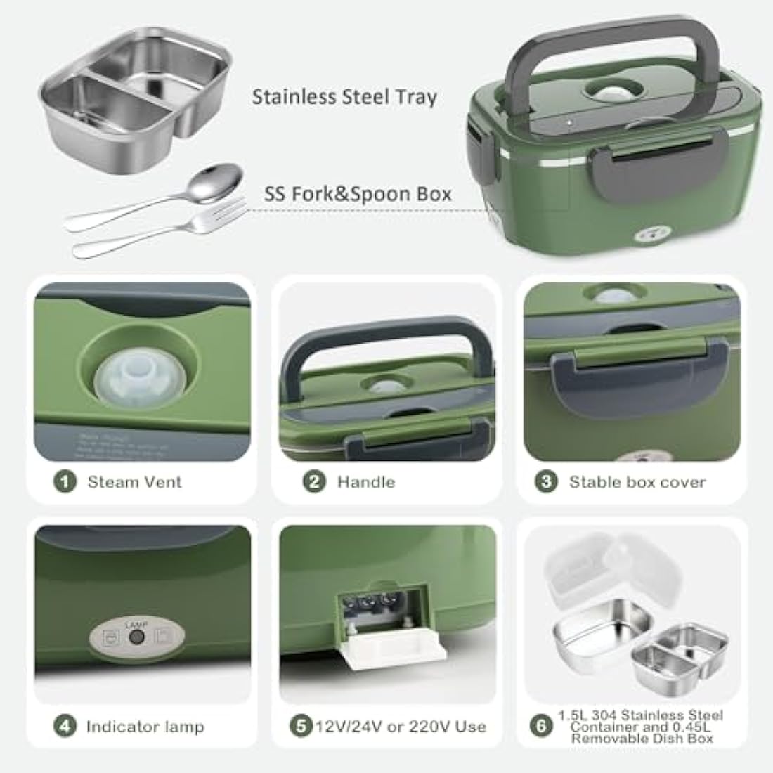 BYbrutek Electric Lunch Box 100W, 1.5L Removable Stainless Steel, 3-in-1 Portable Heated Lunch Box, 12V/24V/220V Insulated Heat Box for Car/Truck/Office/Home (Green, 1.5L)