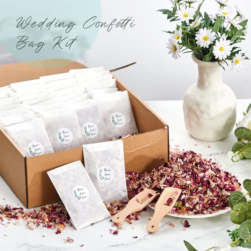 Tenare 100 Sets Wedding Confetti Bags Kit for 95-100 Guests, Includes Natural Dried Flower Rose Petals Glassine Confetti Bags Stickers Wooden Scoop
