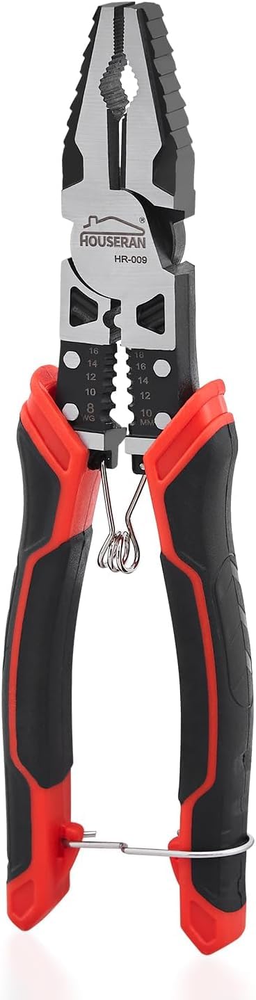 Linemans Pliers, HOUSERAN Combination Pliers with Wire Stripper and Crimper, 8.3 Inch Lineman Plier, Spring Loaded with Safety Lock, 5-in-1 Linesman