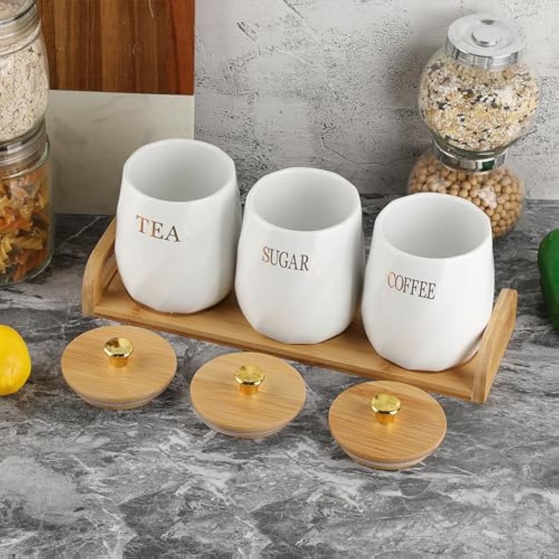 BTSKY Ceramic Kitchen Canisters with Lid and Tray - White Airtight Sugar Coffee Tea Containers with Wooden Tray, Food Storage Jars for Kitchen Counter