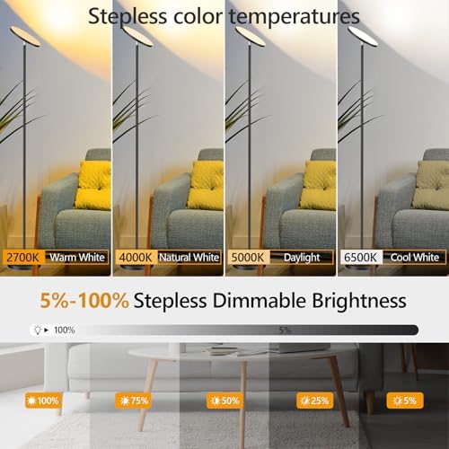 LED Uplighter Floor Lamp Living Room - 2700K-6500K Color Temperature, Modern Floor Lamp with Remote Control & Touch Control (Jet Black‌)