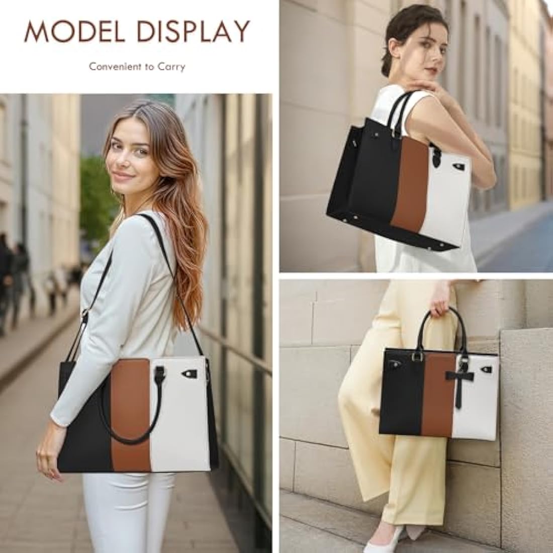 RAINSMORE Laptop Bags for Women PU Leather Work Bags for Women Tote Bag Large Handbag Shoulder Bag for Office 15.6 Inch Bussiness Black with White and Brown