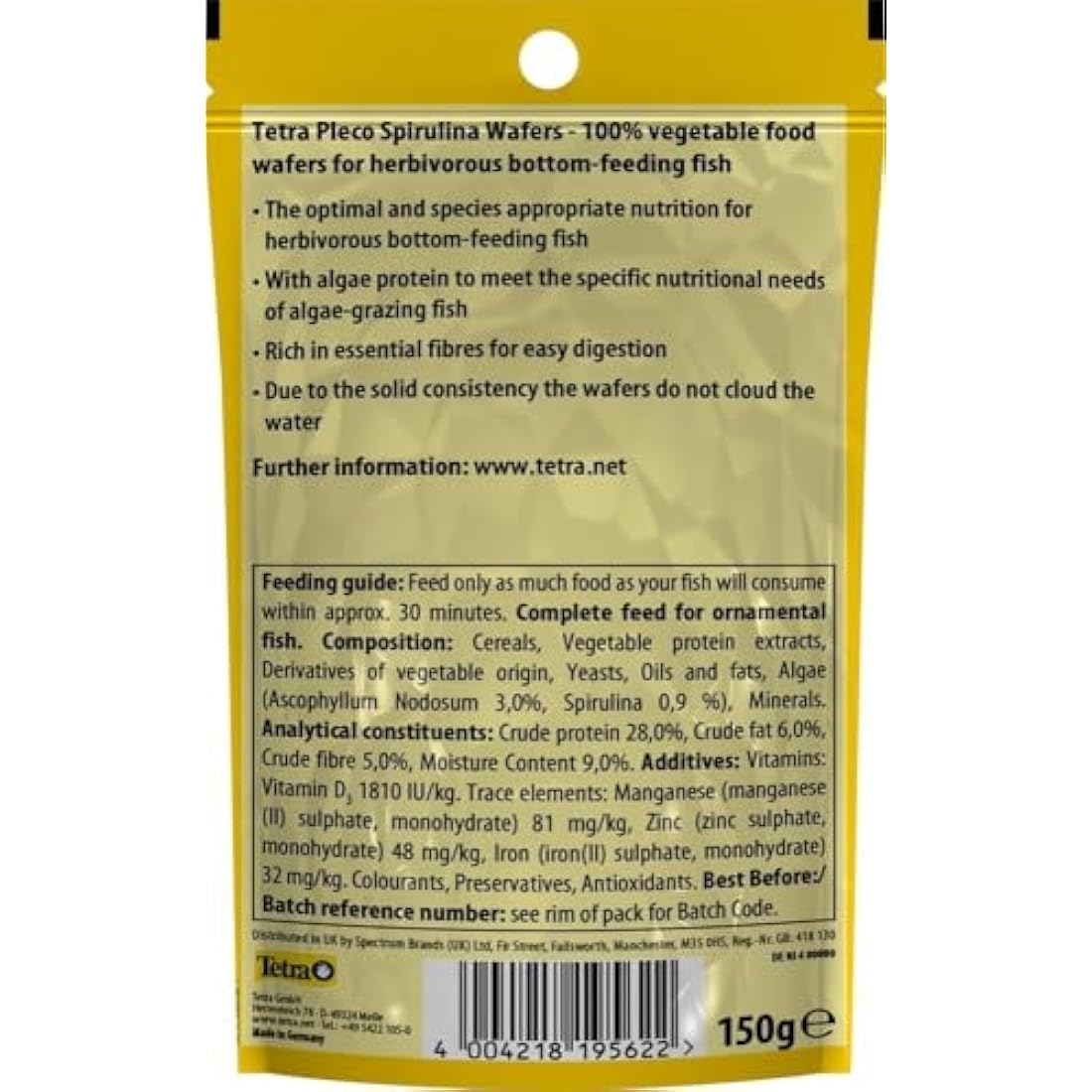 Tetra Pleco Spirulina Wafers for All Herbivorous Bottom-Feeding Fish, 150g