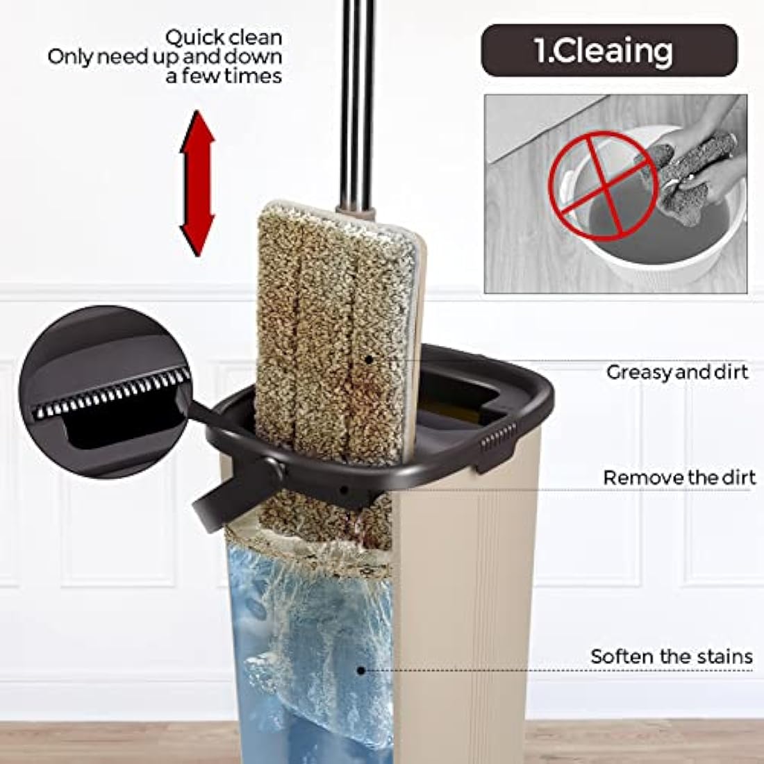 Masthome Mop and Buckets Sets, Flat Mop and Bucket Set, Microfibre Squeeze Mops for Cleaning Floors with 6pc Reusable Pads for Wet & Dry Use, Floor Mops for Cleaning Hardwood Laminate Tile Floors