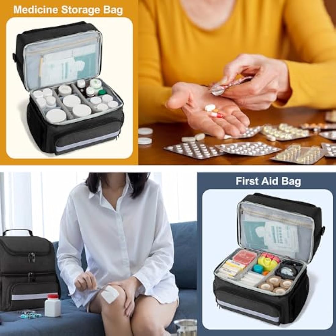 CURMIO Double Layer Medicine Storage Bag Empty, Family First Aid Organiser for Emergency Medical Kits, Portable Medicine Supplies Bag for Home and Travel, Black
