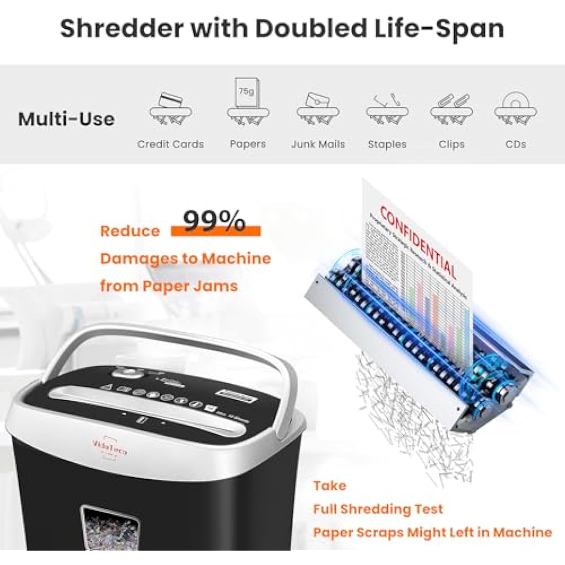 VidaTeco10-Sheet Home Shredder, Cross-Cut Paper Shredder Shreds Paper/Card/Staple/Clip Small Office Shredder Machine, High Security Level P-4 Jam Proof System 15L Liftout Basket