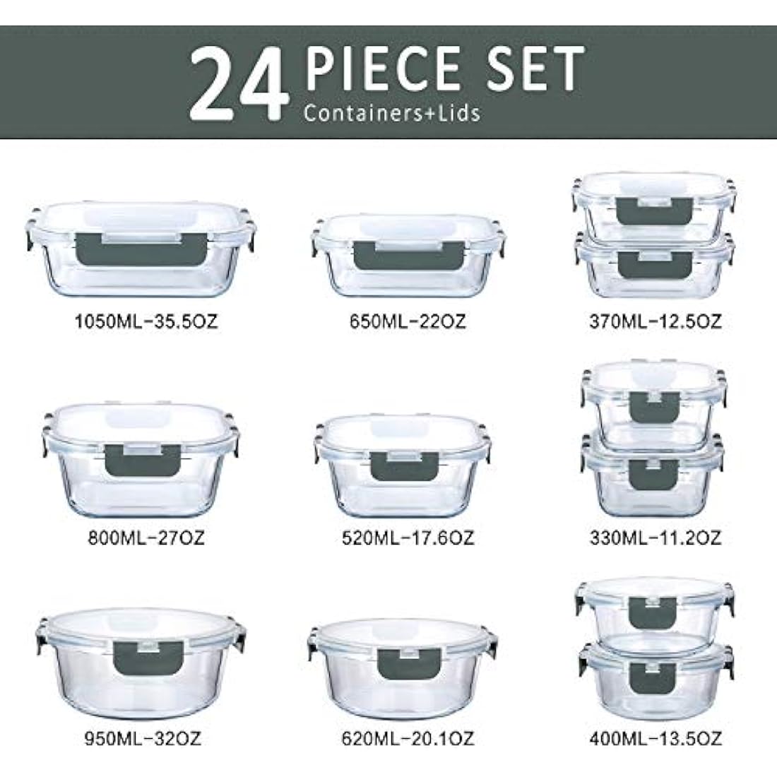 MCIRCO 24-Piece Glass Food Storage Containers with Snap Locking Lids, Glass Meal Prep Containers Set, Airtight Lunch Containers, Microwave, Oven,Freezer and Dishwasher Friendly