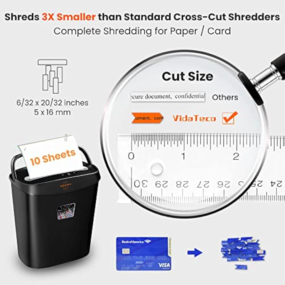 VidaTeco Micro-Cut Paper Shredder 10-Sheet Shreds Paper/Card/Staple/Clip Paper Shredder for Home Office Security Level P-4 Jam Proof System 15L Pullout Basket