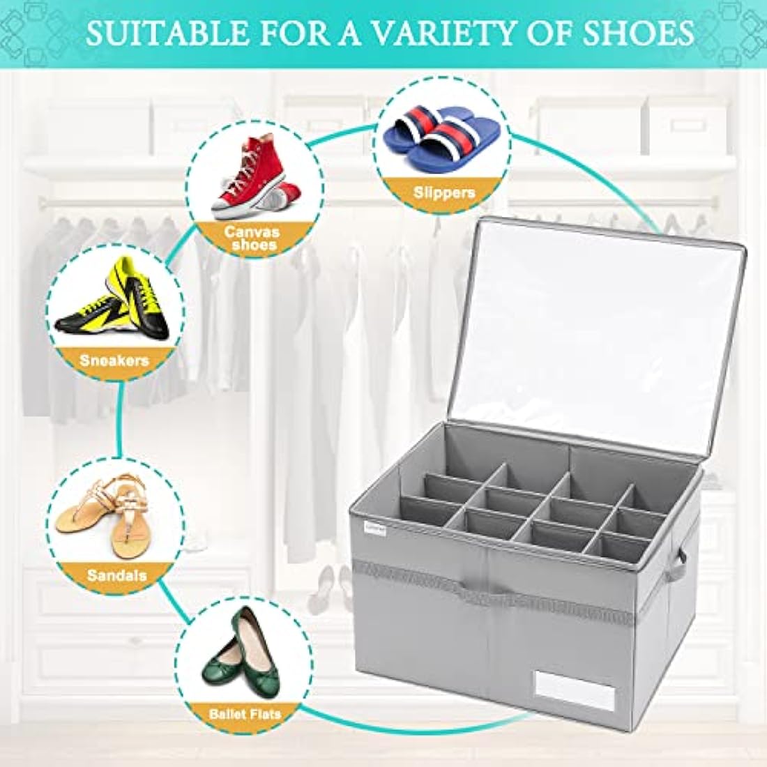 LUVHOMEE Shoe Organiser for Closet, Fits 16 Pairs, Large Shoe Box Storage Containers, Clear Foldable Shoe Storage Bins w/Bottom Support, Space Saving Shoes Holder w/Reinforced Handles, Grey