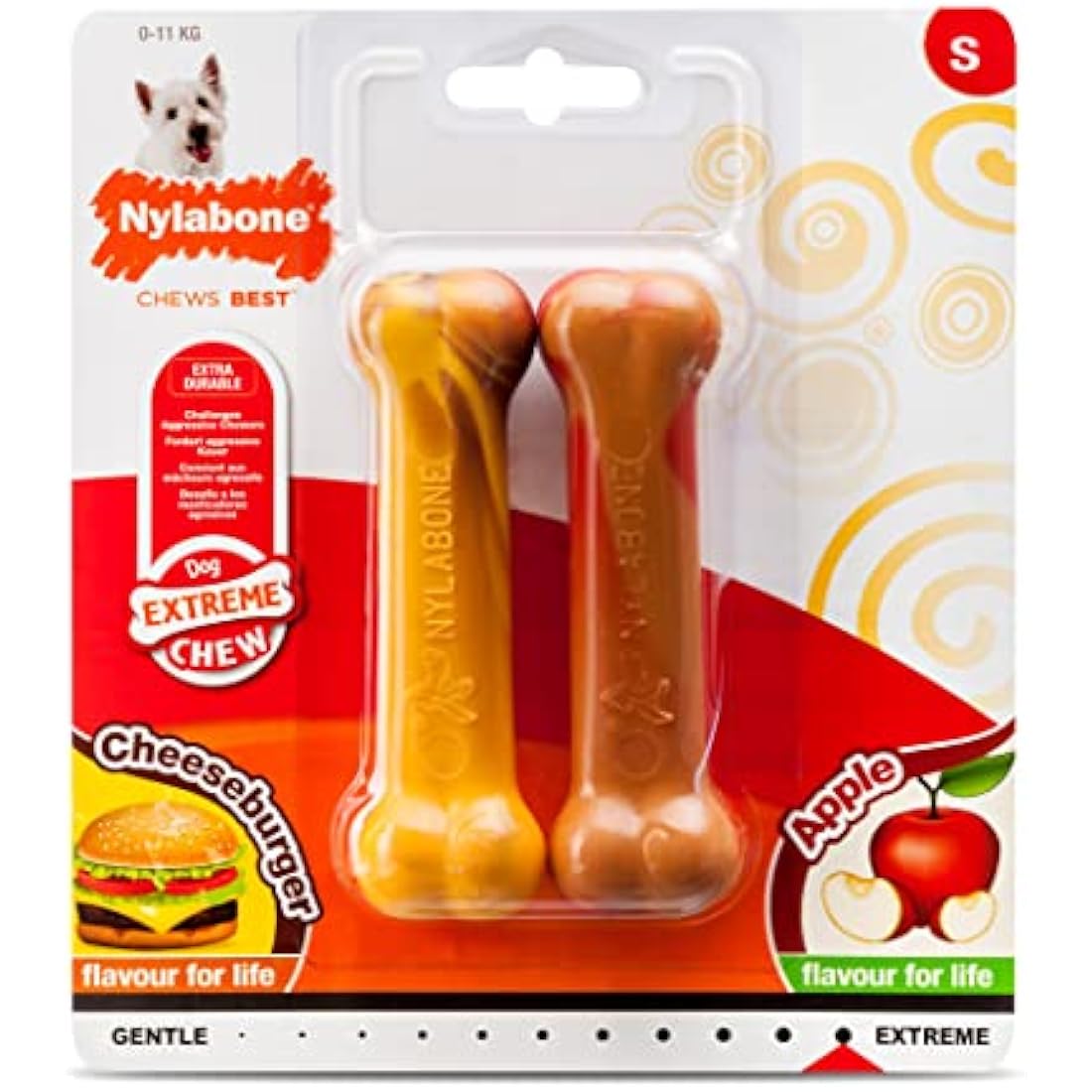 Nylabone Extreme Tough Dog Chew Toy Bones, Cheeseburger & Apple Flavour, 2-piece, Small, For Dogs Up To 11 kg