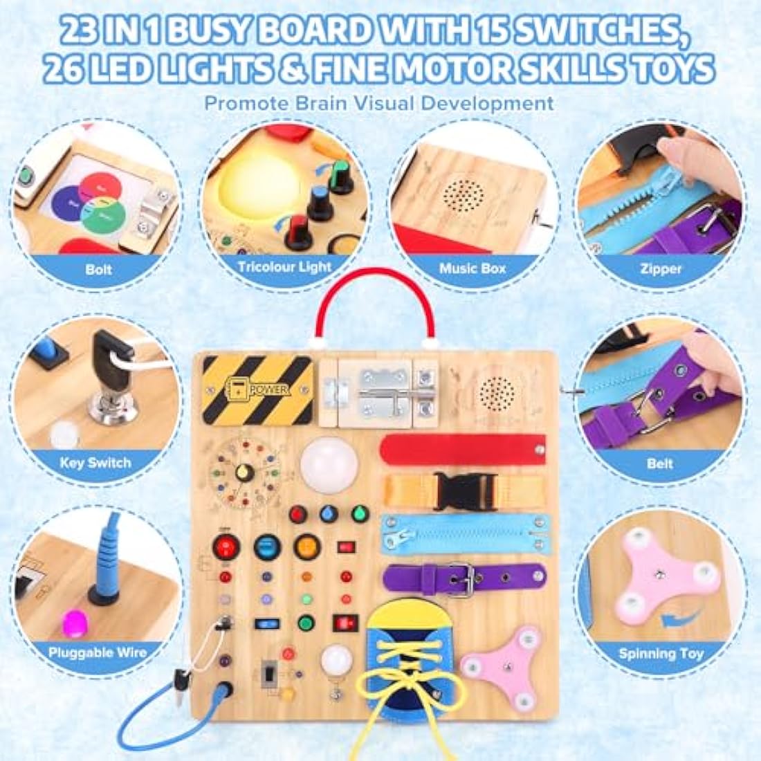 Konijiwa 23 in 1 Toddler Toys Montessori Busy Board for 1 2 3 Year old Boys Girls Wooden Toys with With 15 Switches, 26 LED Lights Switch, Music boxes, zippers Sensory Learning Toys