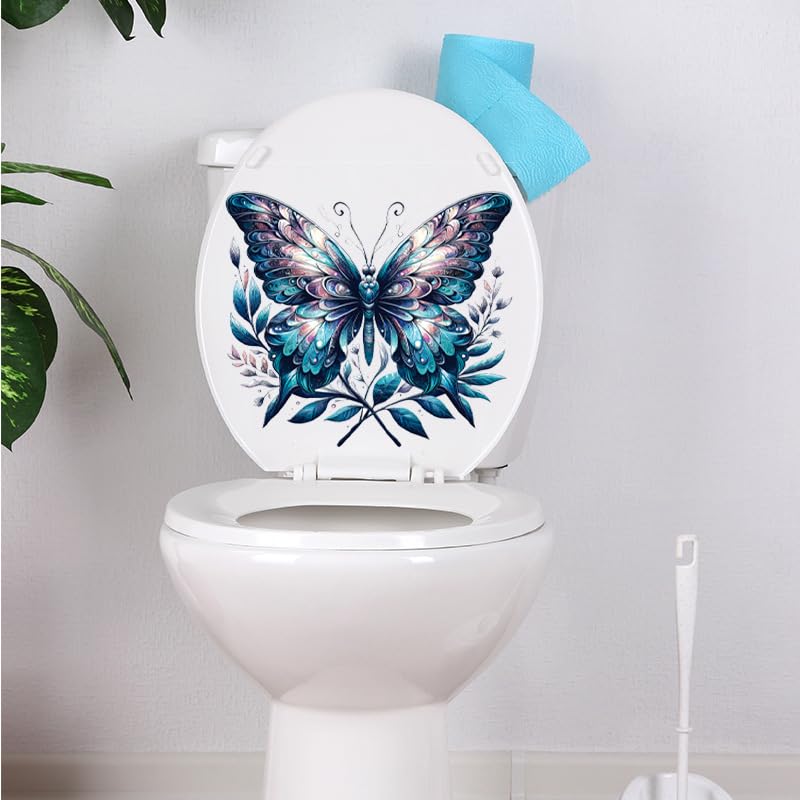 Colorful Butterfly Flower Toilet Cover Sticker Decals,Fish Bird Flower Leaf Waterproof Toilet Lid Tank Seat Decals Cistern Self-Adhesive Bathroom
