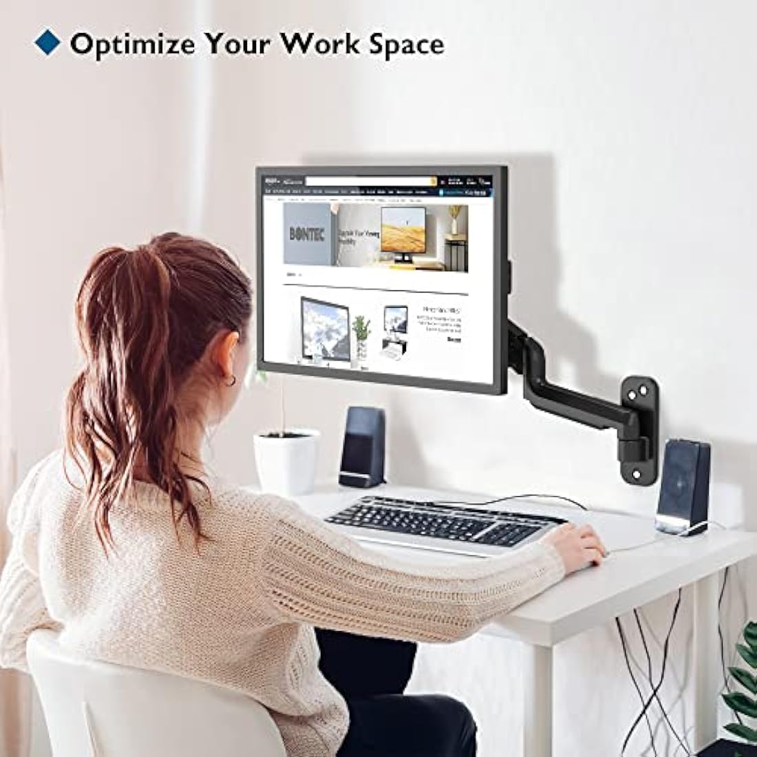 BONTEC Wall Mount for 13-42 Inch Screens, Gas Spring Monitor Arm Holds Up to 8kg, Adjustable Tilt Swivel Mount, Single Arm With VESA Extension Kit Fit VESA 75/100/200