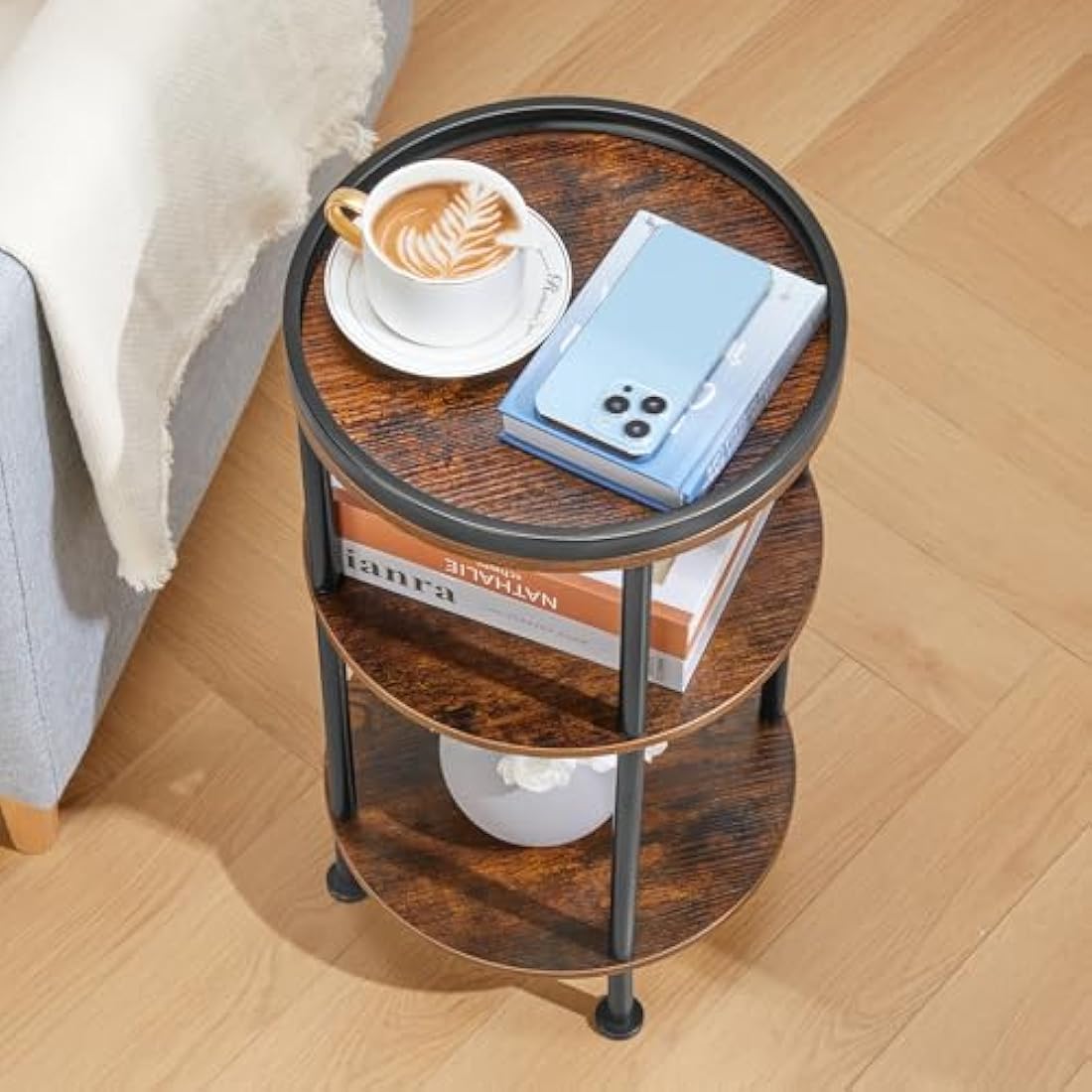 YEAKOO Nordic End Table, 3-Tier 30cm Round Side Table with Storage Shelf Edge Protection Tray, Sturdy Metal Frame Coffee Table Bedside Table for Living Room Bedroom Small Spaces-Rustic Brown