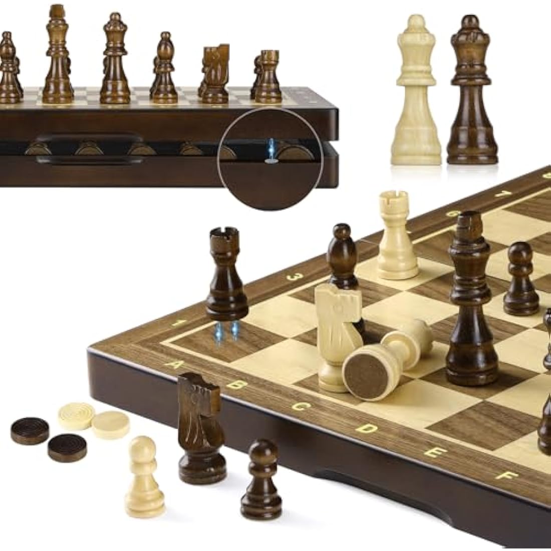 Peradix Chess Set and Draughts Board Games 2 in 1 Set | 15" Magnetic Foldable Walnut Wooden Chess Checkers Board | 2 Extral Queen | Educational Toy Set for Adults and Kids