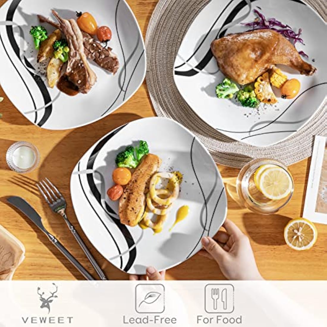 VEWEET 'Fiona' 9.75" 6-Piece Dinner Plate Porcelain Dinner Set Ivory White Black Decals Round Plates Dinning Set Kitchen Service China Dinner Plate (24.7 * 24.7 * 2.2 cm)